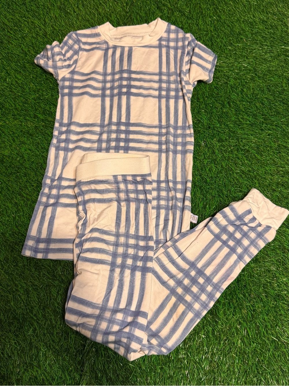 Cream and Blue Plaid Kids Pajama Set - Short Sleeve Top & Pants